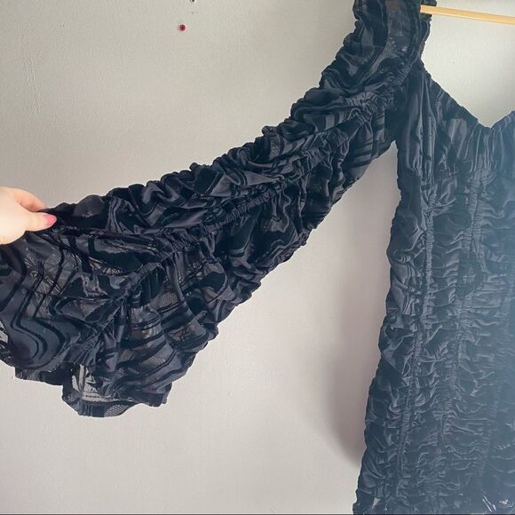 NWT Rotate Birger Christensen black Rikke ruched flocked flare sleeve mini dress - Picture 4 of 9